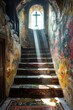 Sunlit Medieval Eastern Orthodox Monastery Stairs with New England Influence