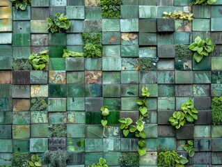 Poster - Eco-Friendly Green Wall Texture: Close-Up of Recycled Materials in Public Garden