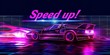 An illustration of a car with written Speed Up over it with a big space for text or product advertisement backdrop with vibrant neon light background, Generative AI.