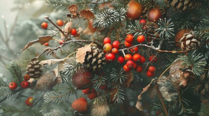 Sticker - Close up of tree with berries and pine cones