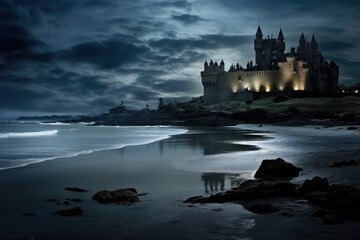 Wall Mural - Moonlit Beach: A castle by the shore with waves reflecting the moonlight.