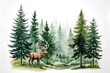 © hungryai - Mountain landscape with deer and pine trees. Watercolor illustration.