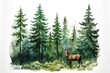 Watercolor forest landscape with elk and coniferous trees.