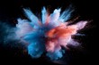 A centered explosion of colorful powder on a black background,