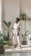Serene Afternoon Spring Cleaning: Middle-Aged Black Woman Embracing Minimalism in Pastel Home