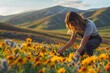 © Ryzhkov - Young Female Environmental Scientist Sampling Soil in Blossoming Wildflower Meadow at Sunset