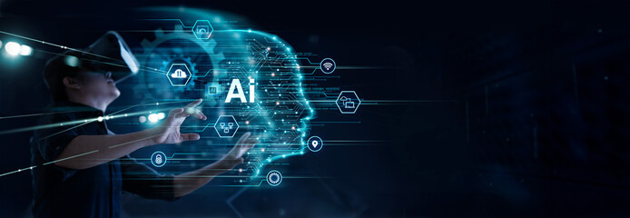 Aufkleber - AI Marketing, Artificial Intelligence. Machine learning, VR, Man use vr glasses and structure analysis of big data marketing, data processing, deep learning of digital marketing technology for future.