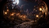 Fototapeta Przestrzenne - Halloween night landscape with haunted house and full moon. 3d rendering