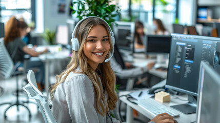 a female call center agent, wearing a headset and business casual attire, smiles while working on he