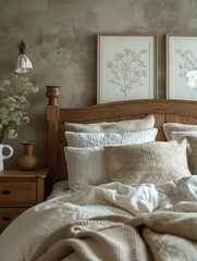 Wall Mural - Cozy Bedroom Interior with Neutral Tones and Textured Bedding