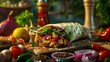 A delectable Arabic shawarma sandwich, filled with succulent chicken and exotic spices, floating gracefully amidst a colorful array of fresh ingredients, inviting you to take a bite
