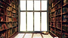 Illustration Of Bookshelves In Library With Window Background For Banner Poster Background Vector Frame Design