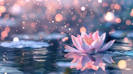 Wall Mural - A serene pink lotus flower floating on tranquil water, surrounded by a mystical dance of bokeh lights creating a spiritual atmosphere.