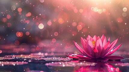 Wall Mural - A serene pink lotus flower floating on tranquil water, surrounded by a mystical dance of bokeh lights creating a spiritual atmosphere.