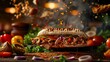 A tantalizing chicken shawarma sandwich, filled with tender meat and aromatic spices, suspended in mid-air amidst a vibrant array of fresh ingredients, tempting you to take a bite