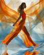 A woman wearing orange pants dances in front of an orange backdrop