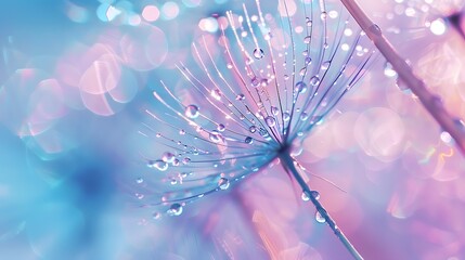 Water drops falling on beautiful dandelion seeds, blue and purple, soft dreamy and gentle artistic image form