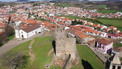 Wall Mural - Picturesque view from drone of Mogadouro village and ruined medieval castle in Portuguese district of Braganca