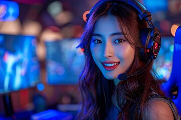 Wall Mural - A woman wearing a headset and smiling