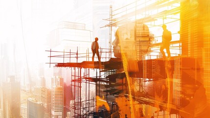 Wall Mural - an illustration blending digital building construction engineering with double exposure graphic design. Depict building engineers, architects, or construction workers in action.