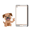 Cartoon character cute brown dog and smartphone for design.