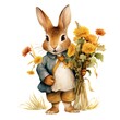 Rabbit with a bouquet of dandelions. Watercolor illustration.