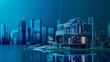 a modern smart home juxtaposed against a backdrop of high-rise buildings. Isolate a hologram of the smart home on a blue background