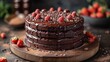 chocolate cake topped with shiny ganache and an assortment of fresh raspberries and blackberries, presented on a rustic wooden table