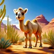 Cute smiling baby camel, desert cactus plants sand dunes blue sky, copy space, cartoon, for kids, children's items occasions