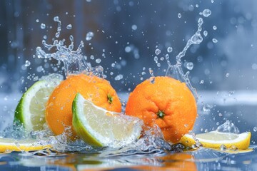 Wall Mural - Fresh Citrus Fruit Splashing in Water Against a Soft Blue Background