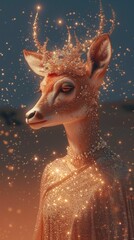 Glamorous gazelle in a sequined dress, wearing a sparkling tiara, against a shimmering desert backdrop, lit with twilight hues, exuding grace and elegance