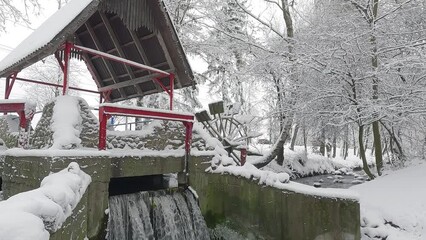 Wall Mural - Unfrozen Strypa river. Snowy winter scene of botanical garden. Old water mill in Topilche park,  Ternopil, Ukraine, Europe. Cold morning view of city park. 4K video (Ultra High Definition).