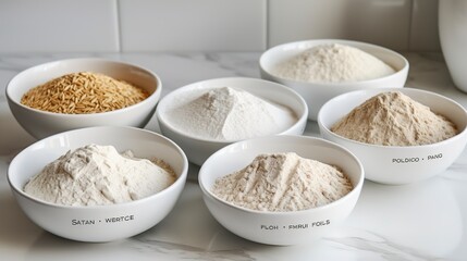 Wall Mural - Bowls of assorted flours (whole wheat, white, rye) close-up, each labeled for easy identification, on a marble countertop. 