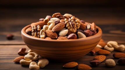 Canvas Print - Close-up of a bowl of mixed nuts (walnuts, almonds, pecans) for bakery use, on a warm, wooden background.