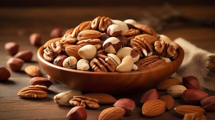 Wall Mural - Close-up of a bowl of mixed nuts (walnuts, almonds, pecans) for bakery use, on a warm, wooden background.