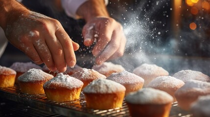 Canvas Print - A baker sprinkling coarse sugar on muffins before they enter the oven, close-up, capturing the sparkle of the sugar crystals. 