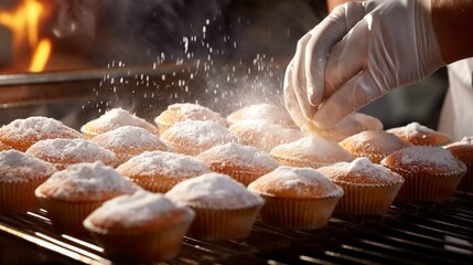 Wall Mural - A baker sprinkling coarse sugar on muffins before they enter the oven, close-up, capturing the sparkle of the sugar crystals. 