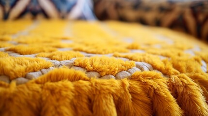 Poster - Close-up of an intricately patterned Moroccan khobz, showcasing the golden crust and soft, fluffy inside, on a woven mat. 