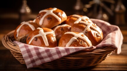 Wall Mural - Hot cross buns with glazed tops, close-up, arranged in a basket, symbolizing Good Friday, with a soft, warm light.
