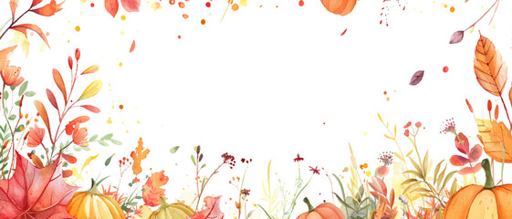 Sticker - Watercolor autumn border with pumpkins, leaves and wildflowers on a white background