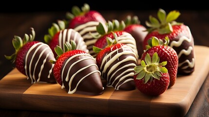 Poster - Close-up of chocolate-covered strawberries with a drizzle of white chocolate, arranged on a slate serving board. 