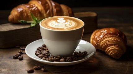 Wall Mural - Close-up of a steaming latte with intricate latte art, in a ceramic cup on a rustic wooden table, next to a croissant. 