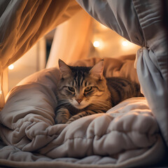 Wall Mural - A cat curled up in a cozy bed.