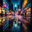 A city street at night with colorful reflections.