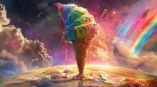 Majestic Melting Ice Cream Cone With Galaxy Background And Cosmic Rainbow Trails