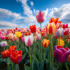 Canvas Print - A field of tulips in various colors. 