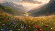 A breathtaking view of a sun-drenched valley blanketed with colorful wildflowers, with rugged mountains rising on either side, and a winding river cutting through the lush landscape below.