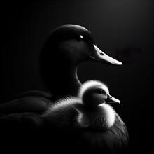  Black Background Rim Light A Duck Mother And Her Baby In Profile Photography, With The Light Shining On Its Fur