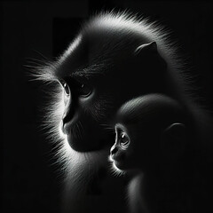 Wall Mural -  Black background Rim light a monkey mother and her baby in profile photography, with the light shining on its fur