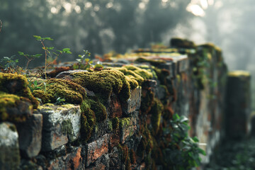 A brick wall covered in moss and plants